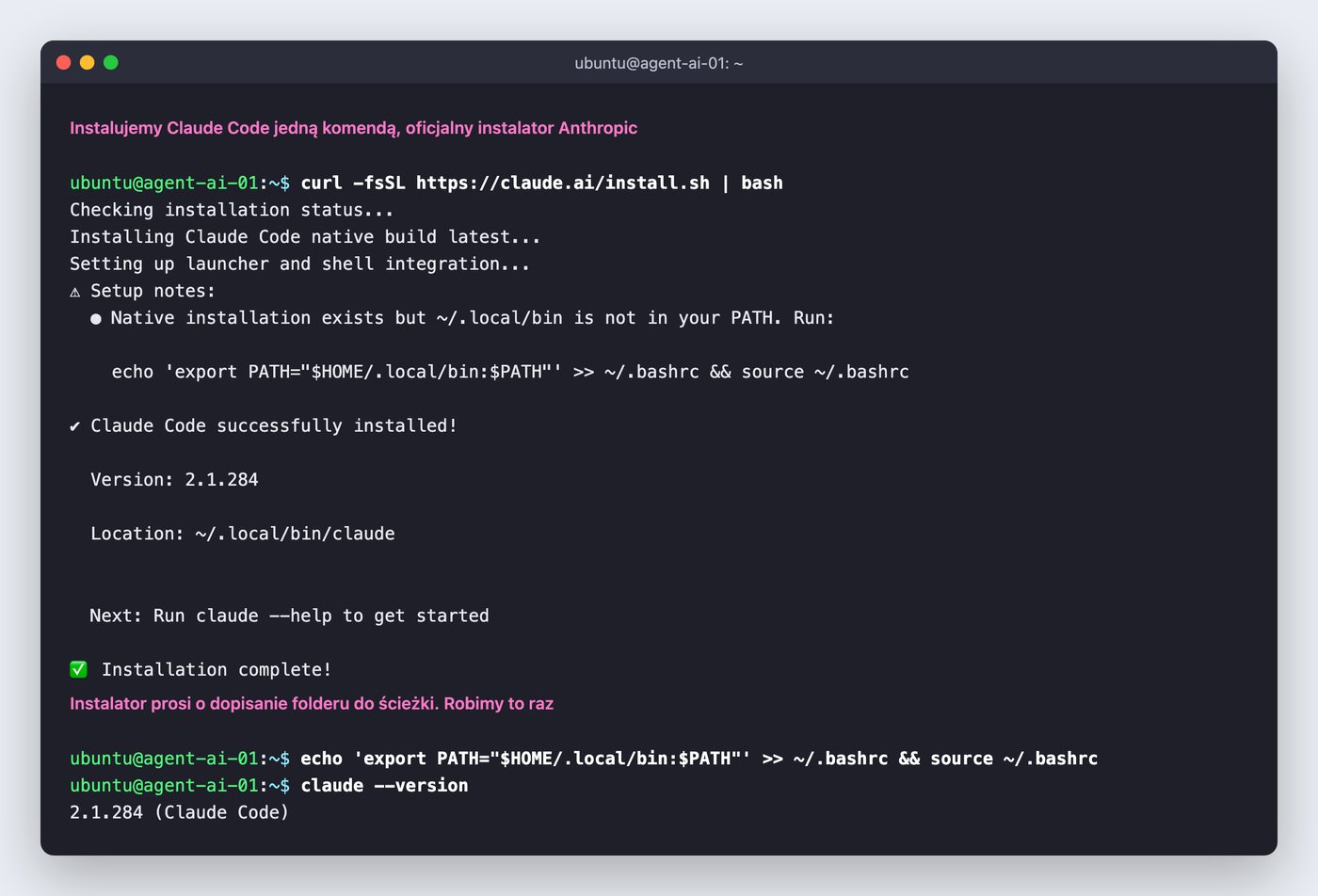 Terminal serwera agent-ai-01 z instalacją Claude Code jedną komendą i sprawdzeniem wersji