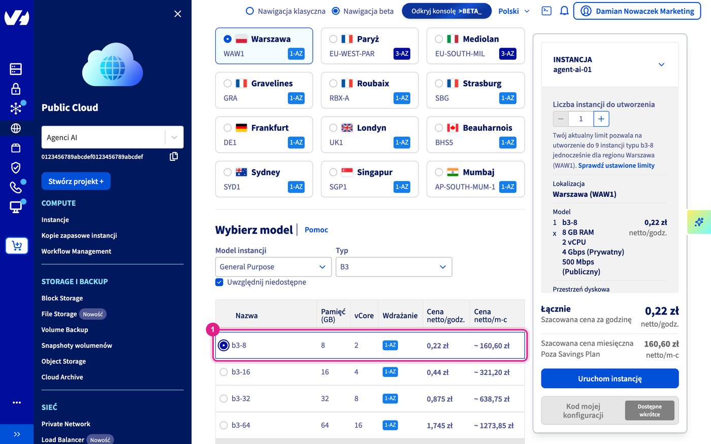 Kreator instancji w panelu OVH Public Cloud z zaznaczonym modelem b3-8 za 160,60 zł netto miesięcznie