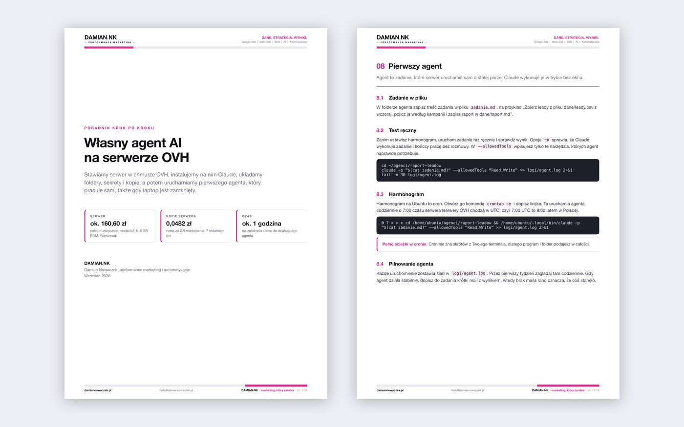 Okładka poradnika PDF Własny agent AI na serwerze OVH obok rozdziału Pierwszy agent