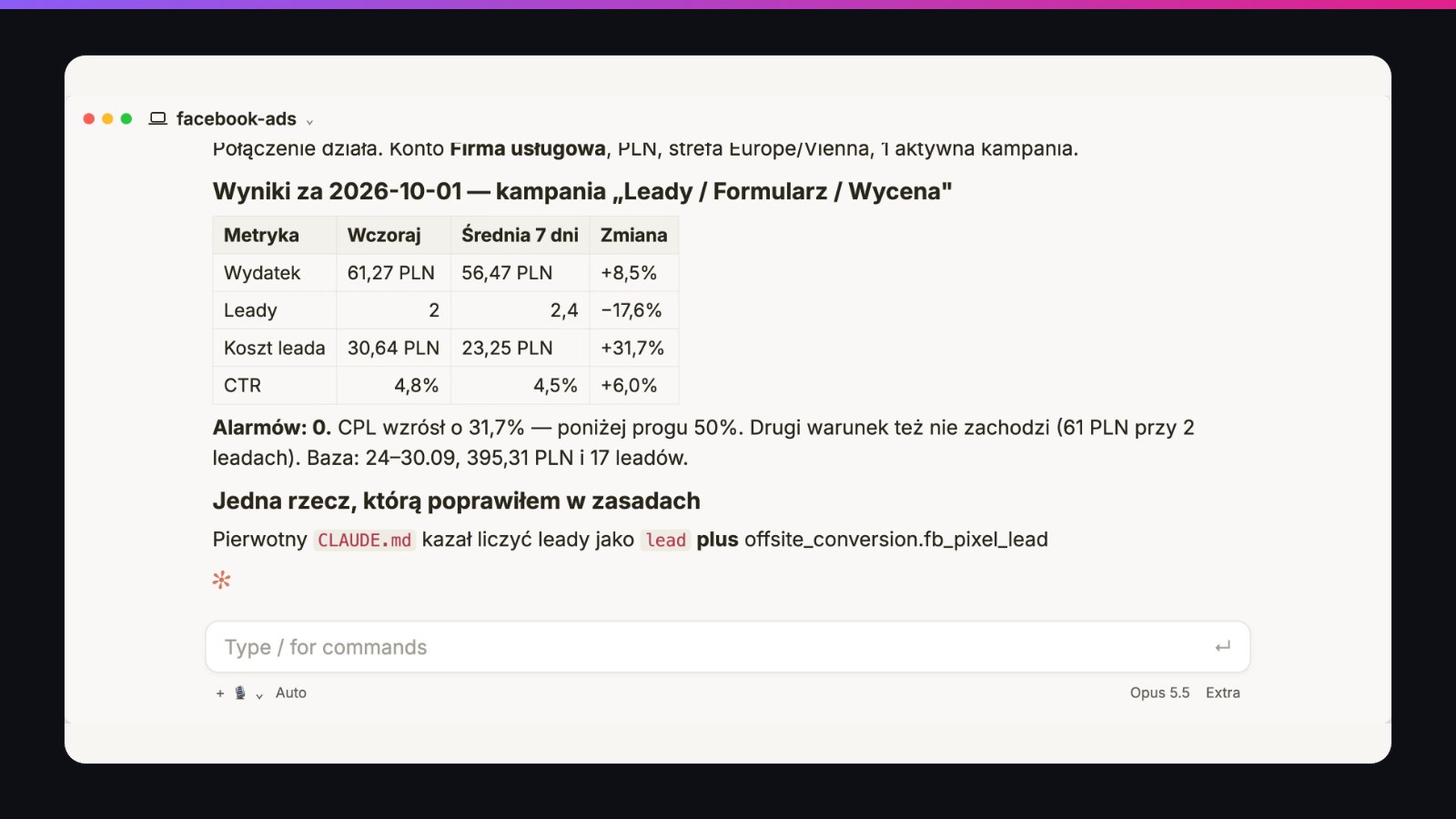 Raport agenta AI z Facebook Ads: wydatek, leady, koszt leada i CTR wczoraj na tle średniej z 7 dni