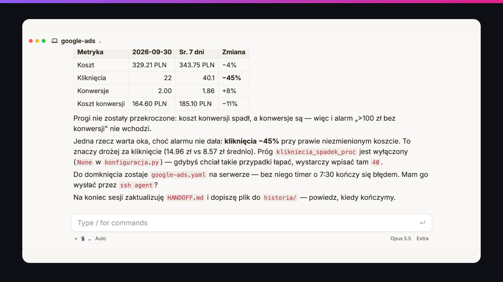 Raport agenta AI z Google Ads: koszt, kliknięcia, konwersje i koszt konwersji wczoraj na tle średniej z 7 dni