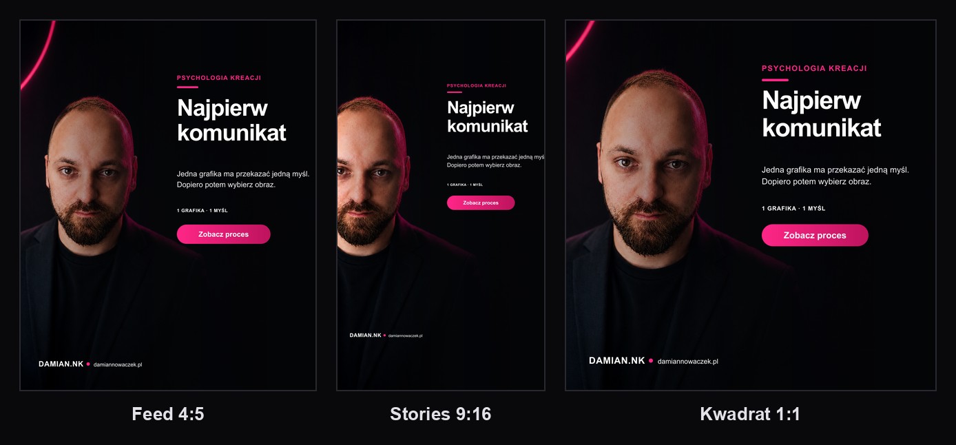 Ta sama kreacja DAMIAN.NK złożona osobno na feed 4:5, Stories 9:16 i kwadrat 1:1