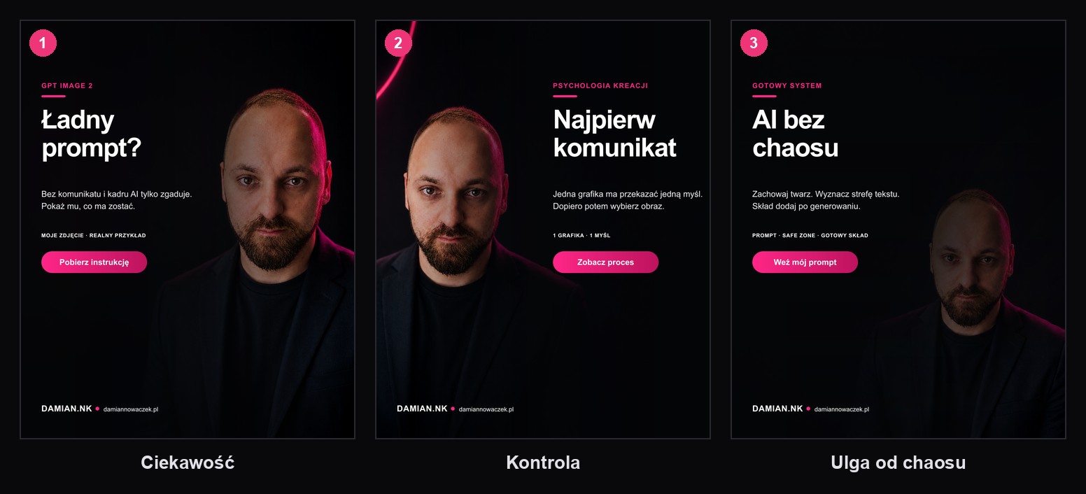 Trzy gotowe grafiki DAMIAN.NK oparte na ciekawości, kontroli i uldze od chaosu