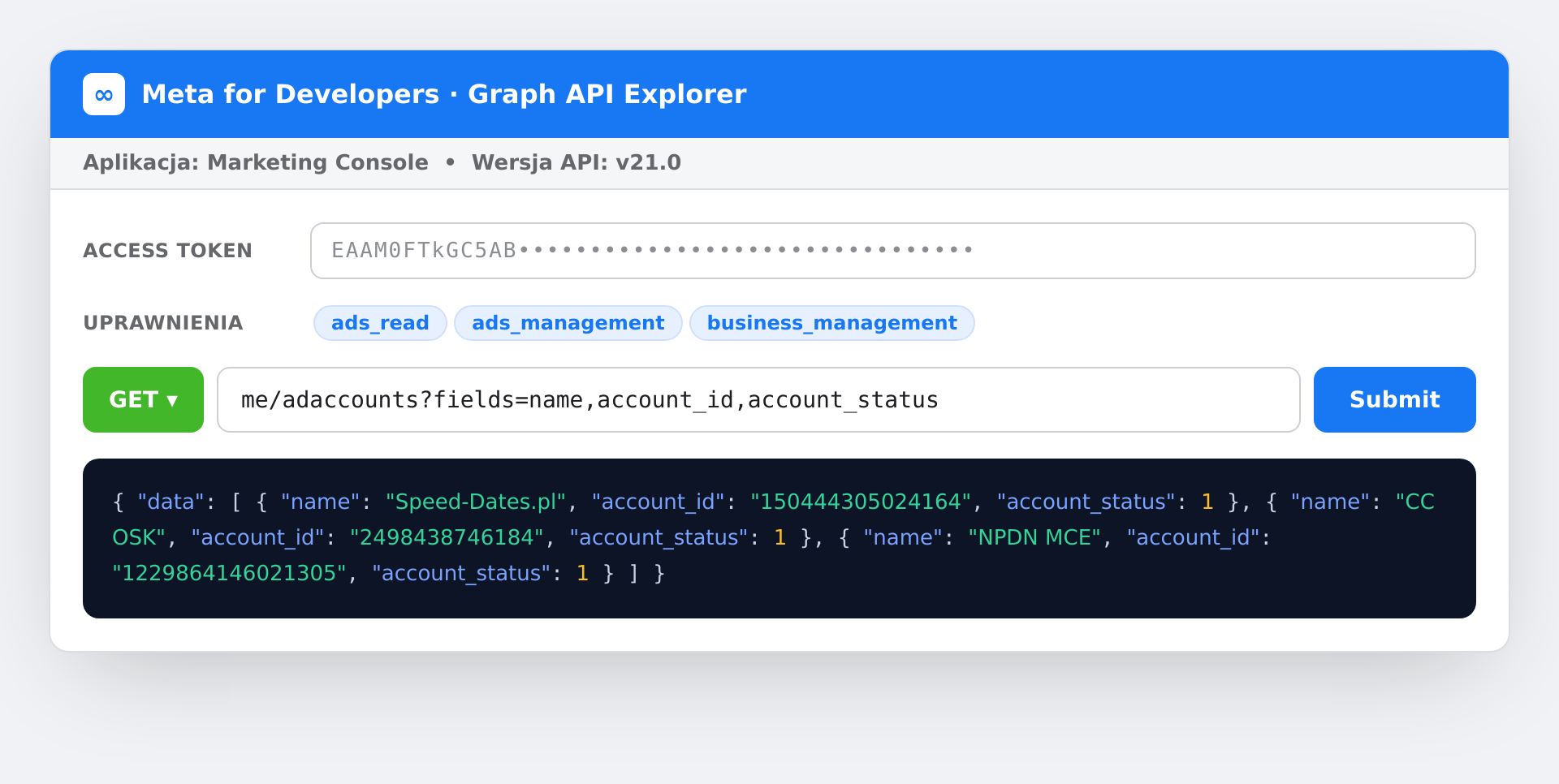 Graph API Explorer — pole tokenu, uprawnienia ads_read i ads_management, zapytanie GET i odpowiedź JSON z listą kont reklamowych