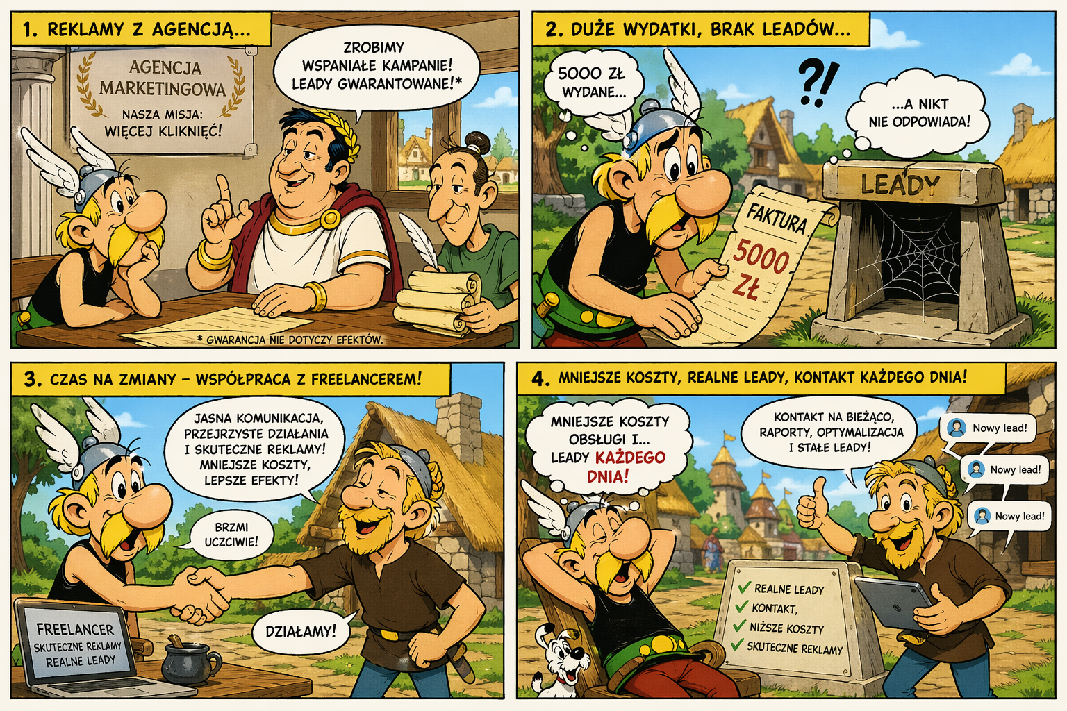 Komiks w stylu Asterixa wygenerowany przez GPT Image 2.0 — agencja marketingowa vs freelancer